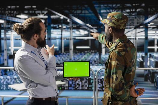 Military personnel overseeing AI computing operations on isolated screen in high tech server facility. Army tech experts using copy space screen to oversee communication systems. photo