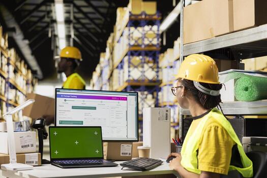 E-commerce worker registering airway bill numbers in the system with mockup, using shipping labels data for package tracking service. Using green screen in warehouse with storage racks. photo