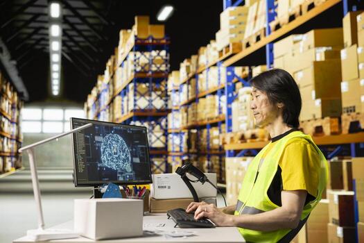 Asian warehouse clerk using AI brain systems with neural networks, using virtual assistant to process orders and ensure express delivery. Updating the tracking software on computer. photo