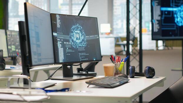 PC in startup office used to design and implement algorithms enabling deep learning coding. Tech unicorn venture workplace with computer used to conduct code reviews to fix bugs, handheld camera shot photo