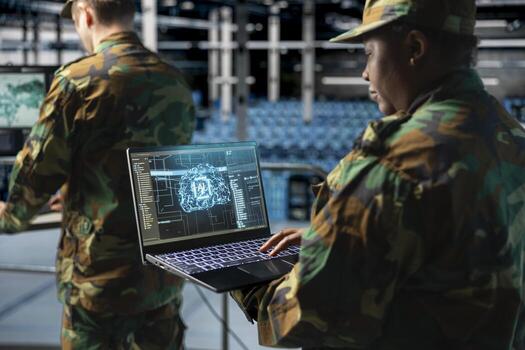 Close up of army information technology expert in data center managing AI powered military automation. Server room worker in soldier uniform monitoring classified systems using predictive AI models photo