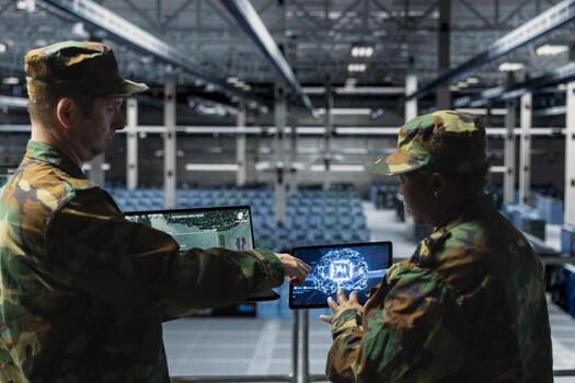 Army experts in data center using AI algorithms to predict missile flight paths. Military units in server room monitoring airspace for ballistic activity with neural networks photo