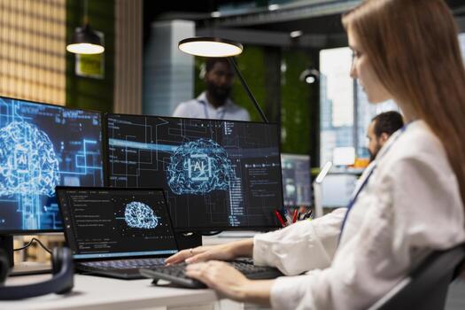 Female engineer developing applications using AI LLM chatbot on multiple devices. Worker doing internship in tech startup relying on artificial intelligence assistant to debug applications photo