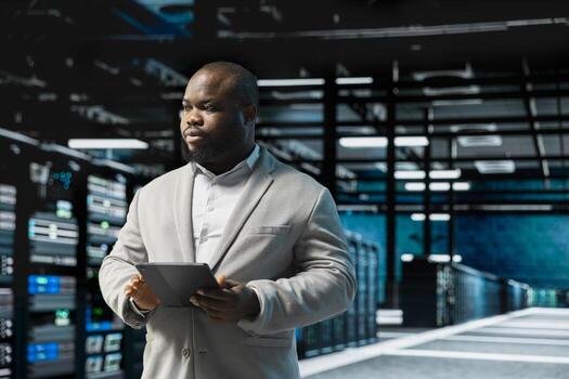 Server hub software developer scanning gear, fixing network issues affecting rigs performance. Programmer in high tech data center runs system diagnostic tests on device, tracking resource utilization photo