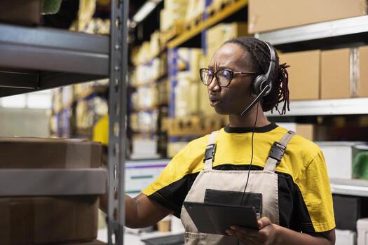 Female storehouse worker answers calls on headset near storage racks, handling problems and delays via customer support help line. Call center operator troubleshooting shipment issues. photo