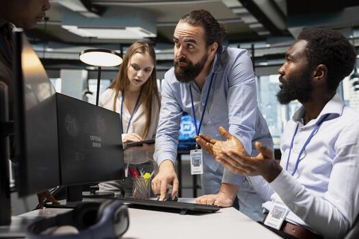 Team of programmers resolving critical error alert on screen in tech startup office, troubleshooting system warnings. IT staff members brainstorming fixes for office equipment failure photo