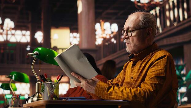 Elderly man immersed in reading and writing at a university campus library, working on his thesis with intellectual ambition and dedication to learning and academic achievement. photo