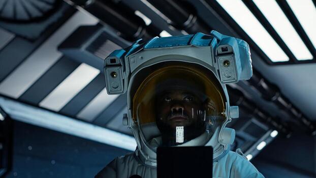 Astronaut researcher wearing equipment using tablet to carry out research. Scientist wearing cosmonaut gear in spaceship monitoring life support systems during flight using device, camera B photo