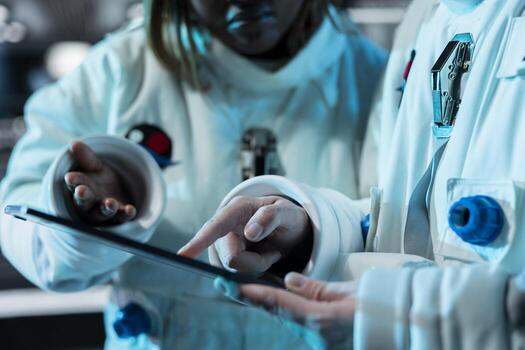 Astronauts looking at tablet interface showing orbital path to ensure safe operation during long distance space travel. Cosmonauts analyzing mission logs in spaceship during cosmic journey photo