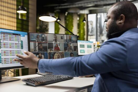 Professional team engaging in a business meeting on web call, discussing with associates about a new partnership to help expand the company globally. Online conferencing chat. photo