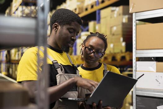 Employees team examining package data on laptop for order fulfillment in distribution hub, verifying pallets tracking numbers for shipment protocols. Efficient e-commerce facility. photo