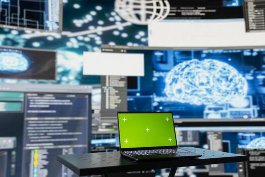 Laptop running isolated mockup screen next to AI neural networks system, used for practicing deep learning and cloud computing. Tech implementing artificial intelligence brain. photo