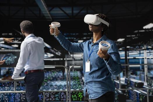 African american woman works with VR headset in modern server farm, ensuring artificial intelligence automation with computer science and programming. Machine learning supercomputers. photo