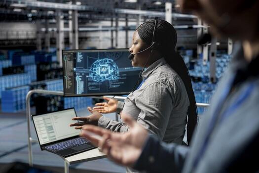 Data center admin using headset mic interpreting logs to resolve user issues. Technician identifying hardware issues using predictive AI alerts, guiding users photo