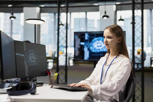 hembra técnico ajustando profundo aprendizaje algoritmos parámetros a trabajo a automatizar tareas. joven niña en tecnología empresa trabajando con ai impulsado perspectivas para código mejoramiento foto