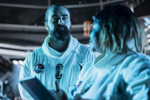 Team of astronauts verifying mission parameters on tablet to ensure safe operation during long distance space travel. Teamworking cosmonauts updating flight log during cosmic journey photo