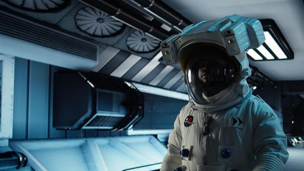 Astronaut walking in orbital station travelling to Mars, mapping unknown worlds. Cosmonaut in spaceship preparing to explore planetary surface, advancing scientific knowledge, camera A photo
