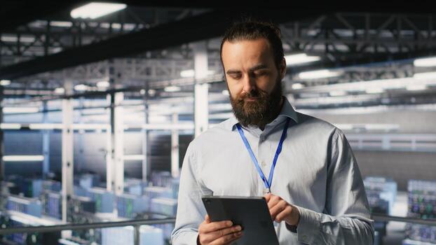 Computer scientists in data center monitoring neural network LLM visualization. Industrial server farm IT professionals overseeing rigs powering machine learning processes photo