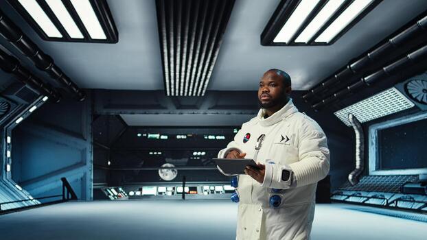 Astronaut analyzing planetary data in spacecraft powered by advanced engineering. African american starship crew member exploring deep space, doing surface research, camera A photo