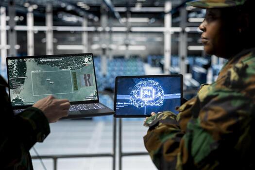 Army experts in data center deploying AI vision systems for missile pattern recognition. Military units in server room visualizing projectile routes using artificial intelligence defense software photo