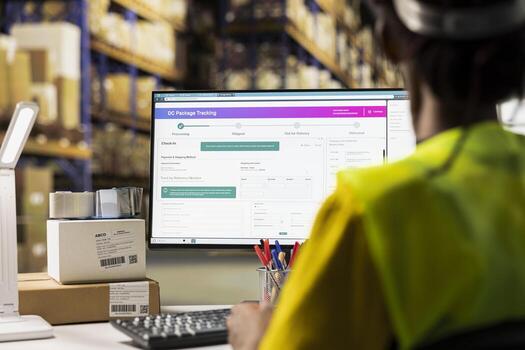 Fulfillment center black employee reviewing digital shipment status, using awb numbers on tracking software. Young woman handling data driven order tracking and delivery updates in warehouse. photo