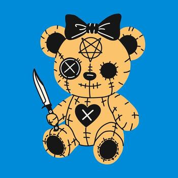 Gothic Voodoo Plush Bear with Heart Patch and Symbols vector