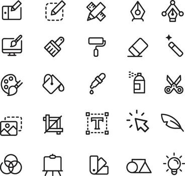 Thin line icon set for graphic designer interface ui edit draw sketch brushes pen tool text paintbrush scissors spray can color palette ruler. Pixel perfect icons, editable stroke. vector