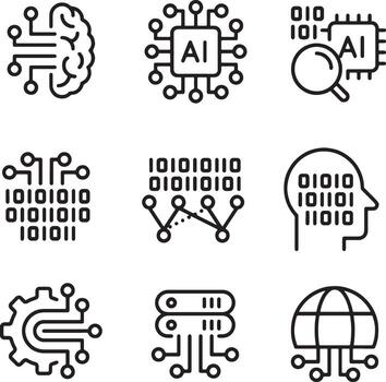 Delgado línea icono conjunto para artificial inteligencia ai máquina aprendizaje neural red ciber cerebro digital inteligencia datos Procesando. píxel Perfecto iconos, editable ataque. vector