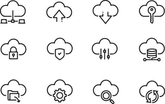 Thin line icon set for cloud computing data storage network security upload download server access data transfer process. Pixel perfect icons, editable stroke. vector