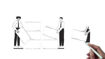 dados analytics equipe construção conjunto de dados mão desenhado quadro branco esboço animação. dados visualização. analistas empilhamento blocos para dentro Barra gráfico animado desenhado à mão conceito lápis desenhando 4k video