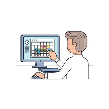 Man in a white shirt at a desk, pointing at a digital calendar on a computer monitor. vector