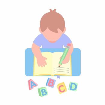 Minimalist illustration of a young child learning to write with a pencil, surrounded by colorful alphabet blocks. vector