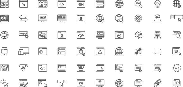 Website line icon set. Contain icons related to Containing web design, internet, content, SEO, hosting, blog, homepage, e-commerce line icon collection vector