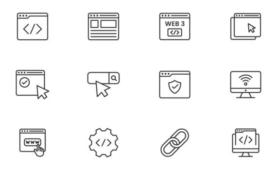 Website line icon set. Contain icons related to Containing web design, internet, content, SEO, hosting, blog, homepage, e-commerce line icon vector
