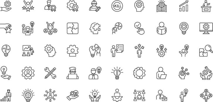 Soft Skill line editable icon set. Contains icons related to upskill, upskilling, personal growth, development, education, career, and more line icon set vector
