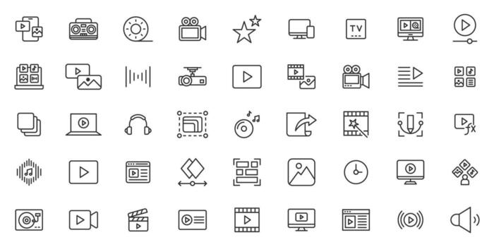 Multimedia icons set. Audio icons pack multimedia, audio, , image, animation, graphic design, motion graphics, visual effects, special effects, editing line icon set. vector