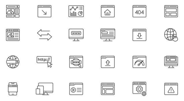 Website line icon set. Contain icons related to Containing web design, internet, content, SEO, hosting, blog, homepage, e-commerce line icon collection set. vector