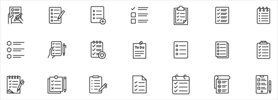 Checklist icon set line icon. Containing clipboard with checkmark, document, checkbox on paper icon illustration icon collection. vector