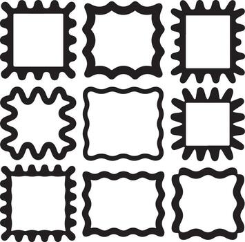 Nine black and white square and rectangular frames with wavy borders monochrome vector