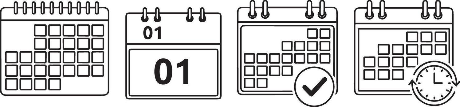 Calendar icons with dates, checkmark, and clock symbols month year vector
