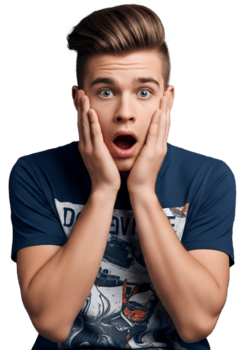 chocado expressão do masculino adolescente dentro azul camisa com mãos em bochecha png