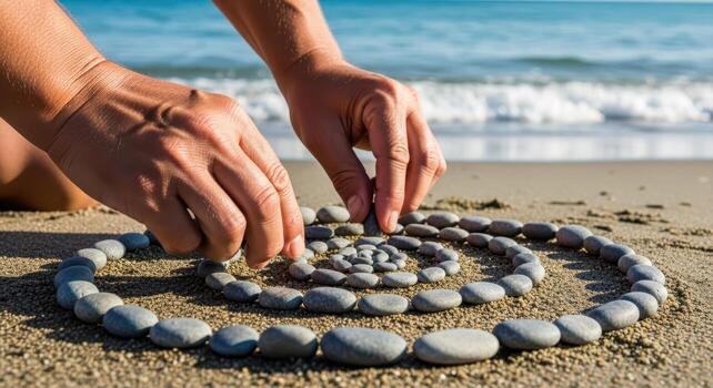 Hands creating a spiral pebble art on a sandy beach with ocean waves in the background. photo
