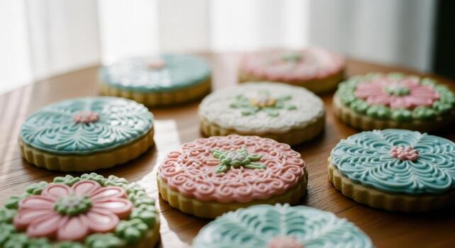 Macro photograph of frosted sugar cookies decorated with intricate floral patterns on a wooden surface photo