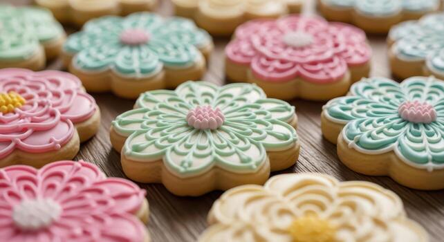 Delicious frosted sugar cookies with intricate floral patterns on rustic wood photo
