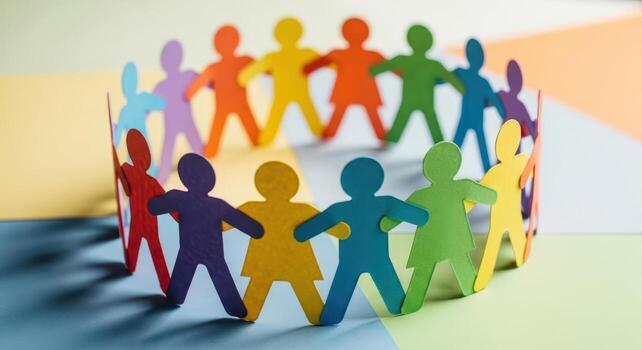 Vibrant paper cut out figures in a circle symbolizing global unity and diverse community photo