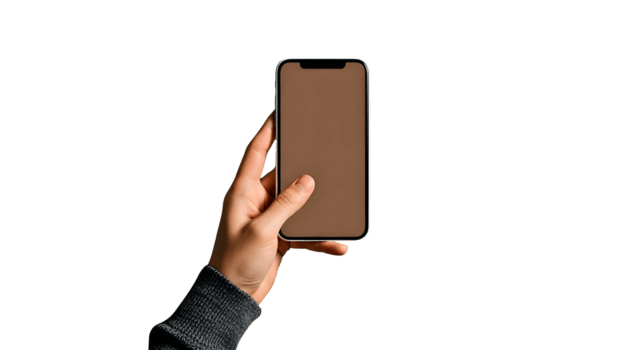 Hand holding smartphone with blank screen on transparent background ideal for app mockups UI previews digital product branding and tech lifestyle campaigns png