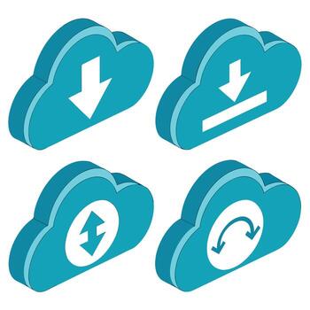 Four Isometric Teal Cloud Icons Illustrating Download, Upload, and Data Transfer Processes in a Modern, Clean Style vector