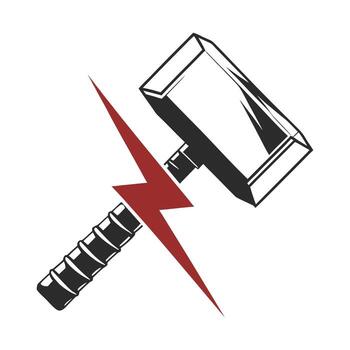 Black hammer with ribbed handle and red lightning bolt symbol tool thunder vector