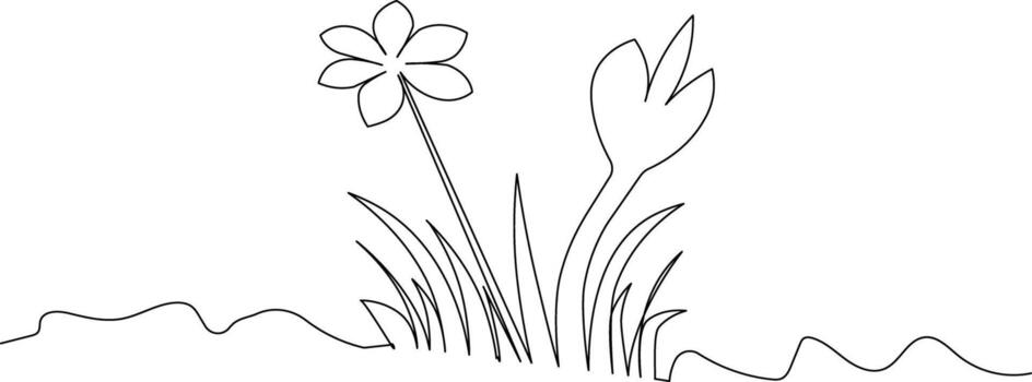 Continuous line minimalist drawing of grass and flowers in simple outline illustration vector