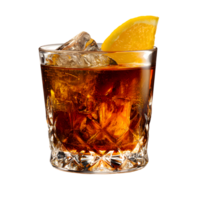 antiguo pasado de moda alcohólico bebida servido en un rocas vaso con un naranja pelar y un Cereza transparente antecedentes png